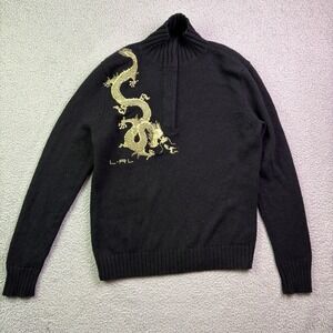 Ralph Lauren LRL Sweater Womens XL Black Dragon Embroidery Y2K Knit Lambs Wool